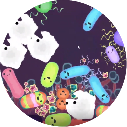 Cartoon of bright microbes with a dark background.
