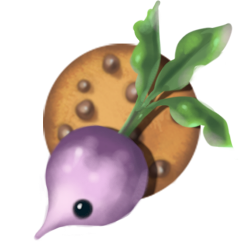 Icon of a turnip with eyes, superimposed over a chocolate chip cookie