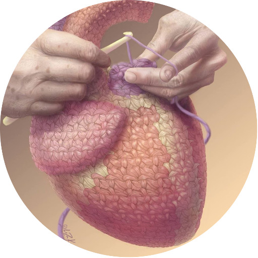 Illustration of heart being knitted by a hand.